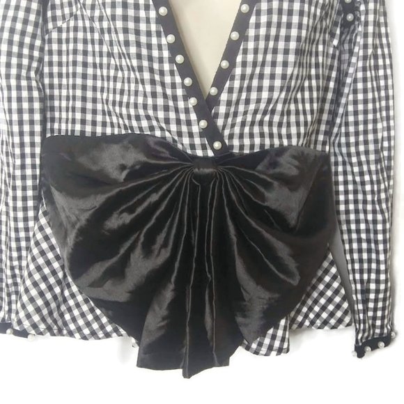 JJ's Fairyland Black Gingham Pearl and Bow Detail Deep V Neck Blouse - Picture 3 of 4